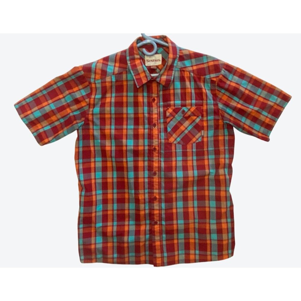 Simms Men's Extra Large Short Sleeve Plaid Fishing Red Orange Mint Green